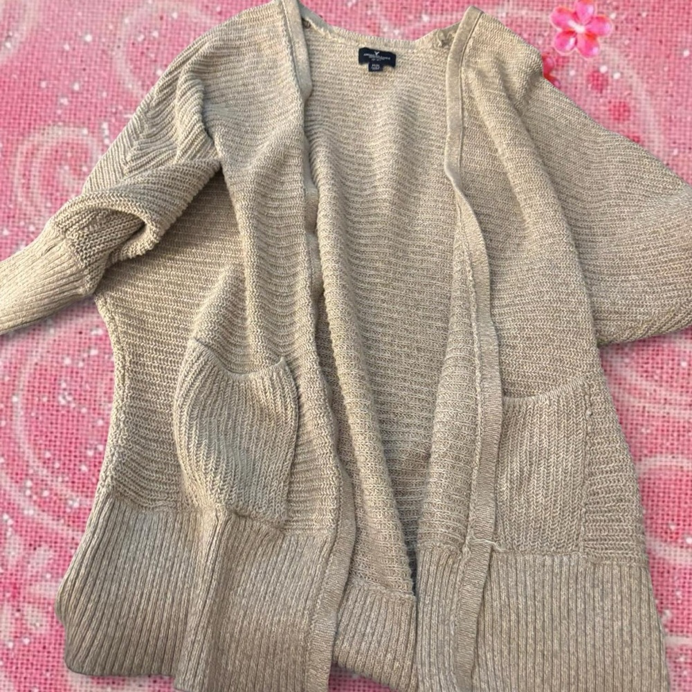 American Eagle Outfitters Cream Open-Front Knit Cardigan